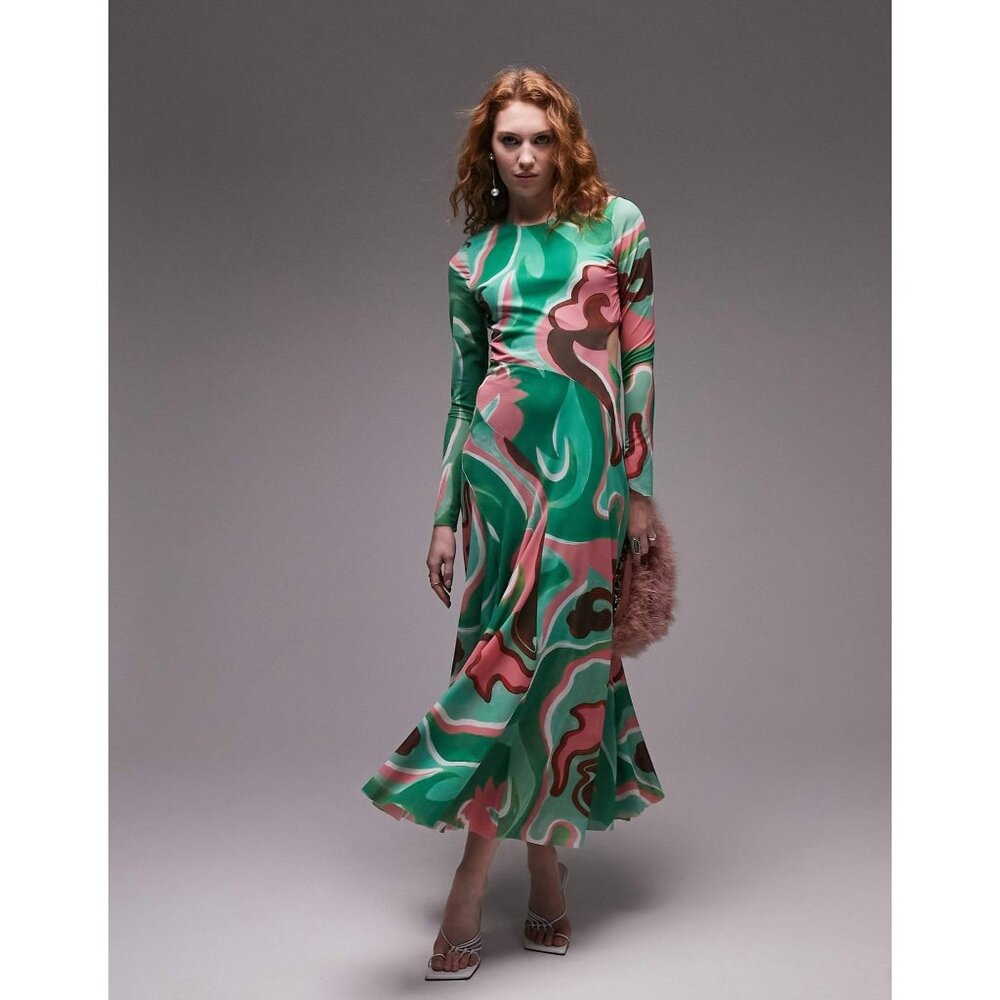 BNWT !! Topshop :: Swirl Cut Out Midi Dress Green Pink Size S/4-6 :: WICKED